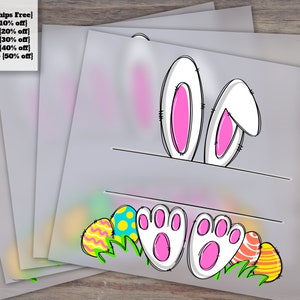 Custom Bunny Doodle Line Art Split Name Monogram for Heat Transfer, DTF Ready to Press with Ears, Feet, Eggs, Grass Design image 1
