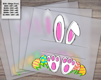 Custom Bunny Doodle Line Art - Split Name Monogram for Heat Transfer, DTF - Ready to Press with Ears, Feet, Eggs, Grass Design