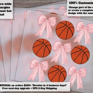 Diseño de baloncesto con lazo rosa, transferencia térmica preppy para chicas, cinta estética, lista para planchar, estilo soft girl para coquetas.