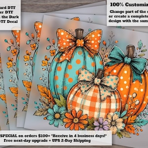 Floral Fall Pumpkin DTF Transfer | Preppy Coquette Pumpkin Bow Retro Autumn Flowers Cute Pumpkin Patch