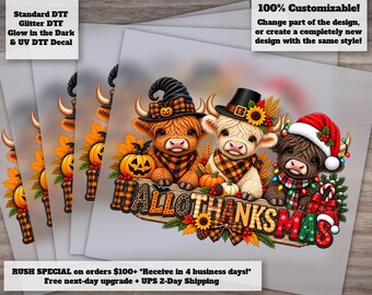 Highland Cow Hollathankmas DTF Transfer - Festive Fall Holiday Cute Cow Ready to Press Heat Transfer for Shirts