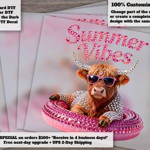 Summer Vibes Highland Cow DTF Heat Transfer Rhinestone Glam Pool Float