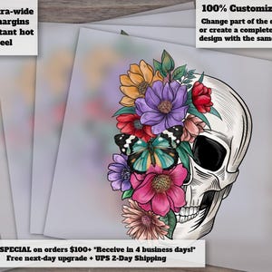 Floral Skull Watercolor Design - Ready to Press Heat Transfer, Colorful Retro Flower Skull for DTF, Human Skull Art afbeelding 1