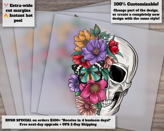 Floral Skull Watercolor Design - Ready to Press Heat Transfer, Colorful Retro Flower Skull for DTF, Human Skull Art
