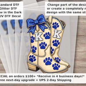 Kentucky Boots Faux Embroidery DTF Transfer - KY Glitter Game Day Blue Western Boots Ready to Press Spirit Transfer