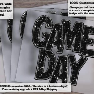 Game Day Sparkle: Faux Embroidery, Sequins, and Glitter - Ready to Press, Heat Transfer, DTF - Black Design