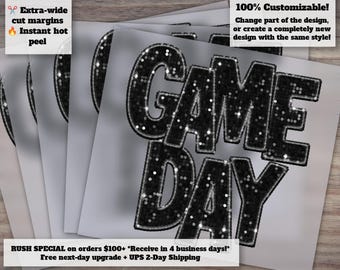 Game Day Sparkle: Faux Embroidery, Sequins, and Glitter - Ready to Press, Heat Transfer, DTF - Black Design