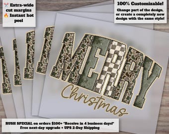 Merry Christmas Camo Tree Heat Transfer DTF Ready to Press Hand Drawn Girly Xmas