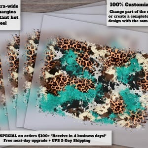 Turquoise Glitter Cowhide Design with Leopard Print, Ready to Press Western Background for Heat Transfer, Glitter and Leopard DTF image 1