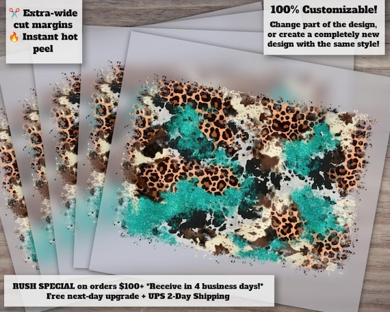 Turquoise Glitter Cowhide Design with Leopard Print, Ready to Press Western Background for Heat Transfer, Glitter and Leopard DTF