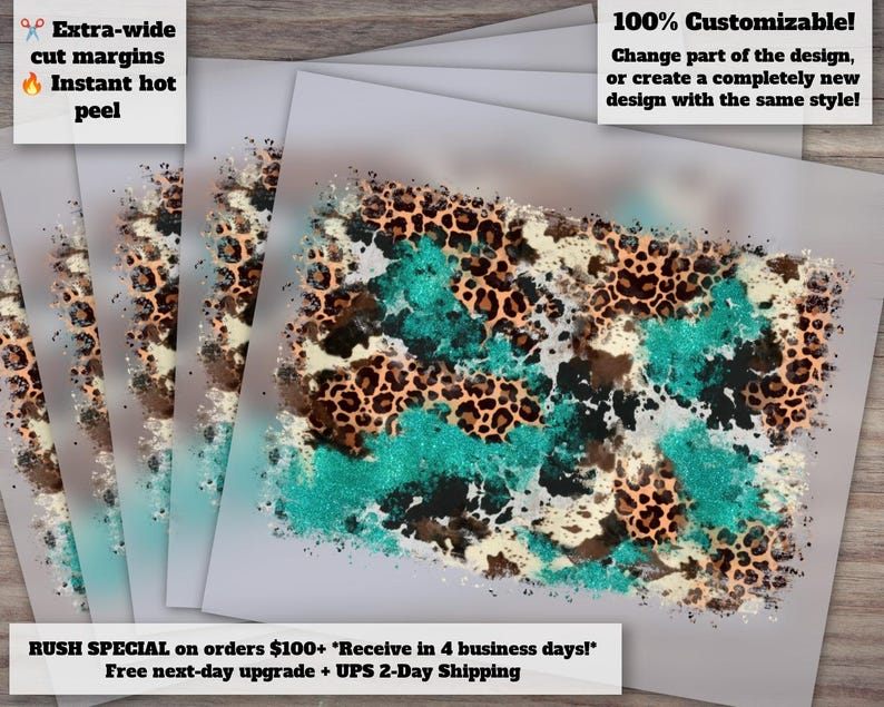 Turquoise Glitter Cowhide Design with Leopard Print, Ready to Press Western Background for Heat Transfer, Glitter and Leopard DTF image 1