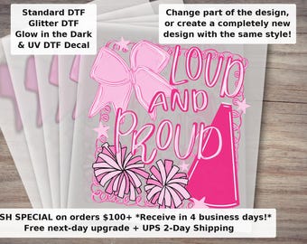 Cheer Loud and Proud DTF Transfer | Preppy Bow Coquette Girly Pink Cheerleader Pom Poms Megaphone Ready to Press