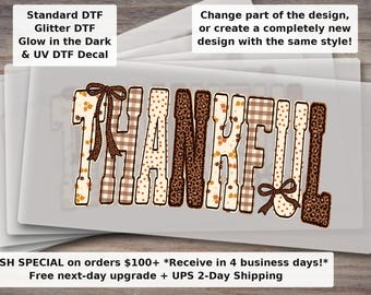 Preppy Coquette Thankful , Leopard Pumpkins Autumn , Retro Fall Gingham Floral Thanksgiving Quote , Thankful And Blessed DTF Transfer Ready