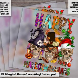 Happy Hallothankmas Skull, Ready to Press, Heat Transfer, DTF, Festive Halloween and Christmas Skull