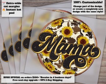 Retro Sunflower Mama Heat Transfer Design | Cow Print Mother’s Day T-Shirt Ready to Press DTF | Sunflower Mom Shirt Art