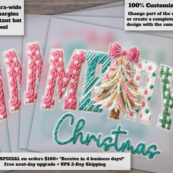 Faux Yarn Merry Christmas Tree DTF Heat Transfer Chunky Knit Bow Holiday Design