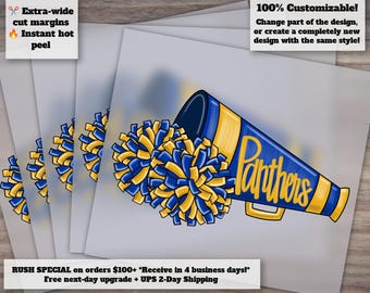 Blue Gold Panthers Cheerleader | Hand-Drawn Football and Megaphone | Cheer Team Heat Transfer, DTF Ready to Press