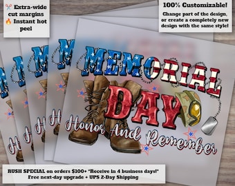 Memorial Day and 4th of July Heat Transfer Designs - American Flag - Ready to Press - DTF - Honor and Remember