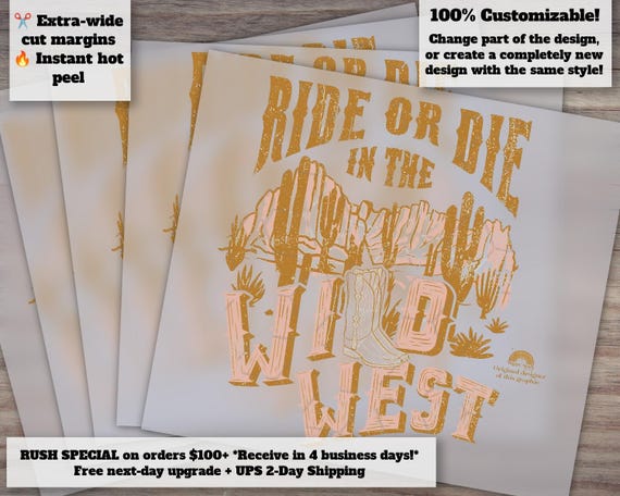 Western Cowboy Designs, Cowgirl T-Shirt Graphics, Desert Heat Transfers, Wild West Ride or Die, Boots DTF, Ready Press
