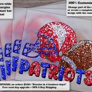 Patriots Sequin Football Heat Transfer - Ready to Press Red, White, Blue DTF
