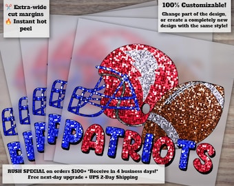 Patriots Sequin Football Heat Transfer - Ready to Press Red, White, Blue DTF