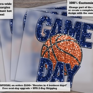 Blue Basketball Game Day - Faux Embroidery and Sequins Design, Basketball Mom Heat Transfer and DTF Ready to Press - 130 Characters Max