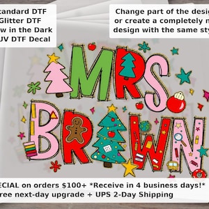 Custom Name Teacher Christmas DTF Transfer - Personalized Glitter Holiday Merry Teacher Ready to Press Heat Transfer