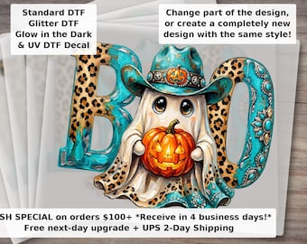 Western Boo Ghost DTF Transfer - Turquoise Cowboy Hat Halloween Leopard Pumpkin Cowgirl Shirt Ready to Press