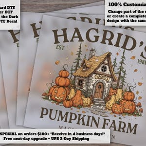 May include: A square DTF decal featuring a stone cottage with a thatched roof, surrounded by orange pumpkins, tall pine trees, and falling leaves. The text reads HAGRID'S EST 1981 PUMPKIN FARM in brown lettering against a light gray background.