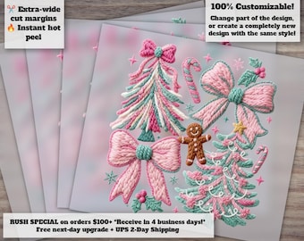 Faux Yarn Merry Christmas Tree Heat Transfer Chunky Knit Bow DTF Ready to Press