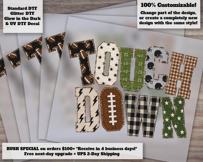 Transferencia de calor Patchwork Touchdown DTF / Rayas y estrellas a cuadros Gingham Football Mama lista para planchar imagen 1