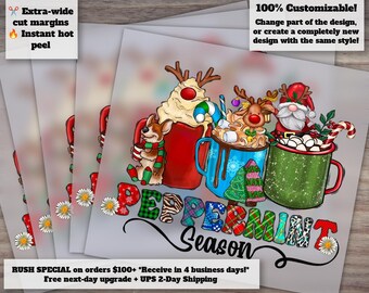 Christmas Peppermint Coffee Design, Winter Snow Tree Graphic, Merry Xmas Heat Transfer, Ready to Press - DTF