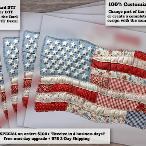 Faux Quilted Vintage USA Flag Heat Transfer Patriotic Patchwork Design