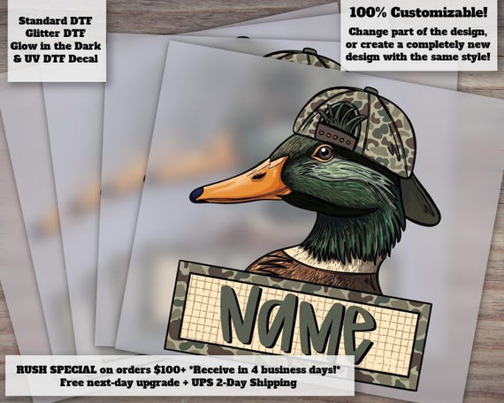 Mallard Duck Camo Hat with Name Patch DTF Transfer | Ready to Press | Women and Kids Shirt Transfer