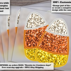 Candy Corn Faux Sequin Appliqué Ready to Press Heat Transfer | DTF Crafting Supplies for Halloween Decor afbeelding 1
