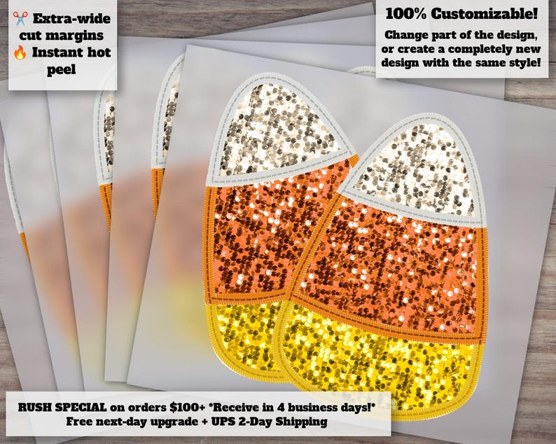 Candy Corn Faux Sequin Appliqué Ready to Press Heat Transfer | DTF Crafting Supplies for Halloween Decor afbeelding 1