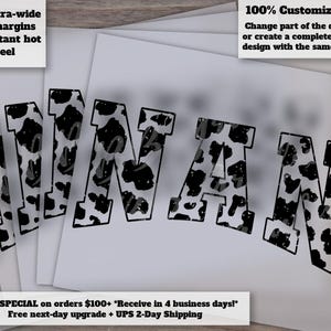 May include: The word "MANAN" in a bold, block letter font, with a black and white cow print pattern. The letters are layered on top of white paper. Text in the image reads "Extra-wide cut margins Instant hot peel" and "100% Customizable!"