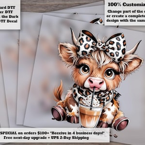 Coffee Addict Highland Cow DTF Heat Transfer with Leopard Bow and Moody Design