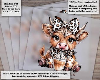 Coffee Addict Highland Cow DTF Heat Transfer with Leopard Bow and Moody Design