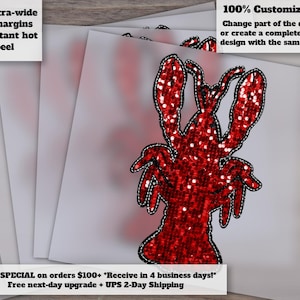 Sequin Crawfish Design for Boil Party, Faux Embroidery, Louisiana Ready to Press, Heat Transfer, DTF