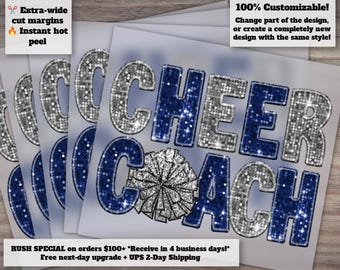 Blue and Silver Cheer Coach Glitter Design, Ready for Heat Transfer, Ideal for DTF, Cheerleading Embroidery Effect