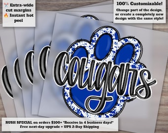 Custom Mascot | Cougars Football Paw Print Mascot | Hand Drawn Blue White | Ready to Press Heat Transfer | DTF Printable | Sports Design