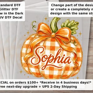 Personalized Pumpkin DTF Transfer, Custom Name Buffalo Plaid Pumpkin Bow Fall Autumn Ready to Press Heat Transfer