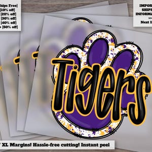 Hand Drawn Tigers Design in Purple, Gold and Yellow for Football, Paw Print DTF, Ready to Press, Heat Transfer