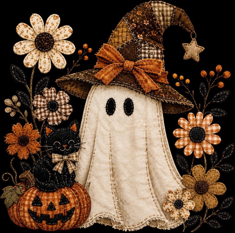 Patchwork Witch Ghost DTF Transfer - Spooky Fall Halloween Ready to Press Heat Transfer image 4