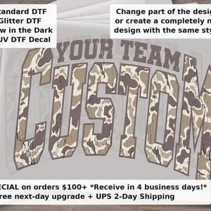 Custom Camo Team Name Heat Transfer Distressed Varsity Font Grunge Camouflage Block Letters