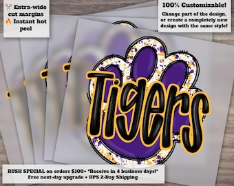 Diseño de tigres dibujados a mano en morado, dorado y amarillo para fútbol, DTF con estampado de patas, listo para imprimir, transferencia de calor
