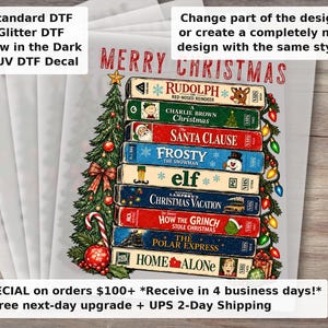 May include: A stack of eight VHS tapes featuring Christmas movie titles including Rudolph, A Charlie Brown Christmas, The Santa Clause, Frosty the Snowman, Elf, Christmas Vacation, How the Grinch Stole Christmas, The Polar Express, and Home Alone.