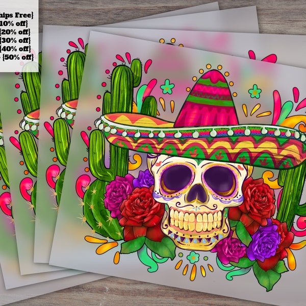 Cinco de Mayo Mexican Skull Design, Fiesta Roses and Sombrero Ready to Press, Heat Transfer DTF