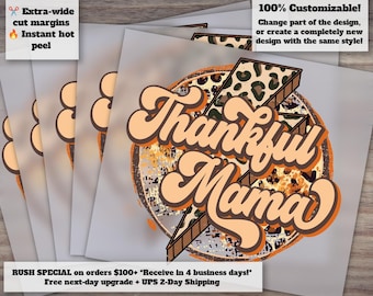Thankful Mama Fall Design, Leopard Lightning Bolt Style, Ready-to-Press Heat Transfer, Suitable for DTF